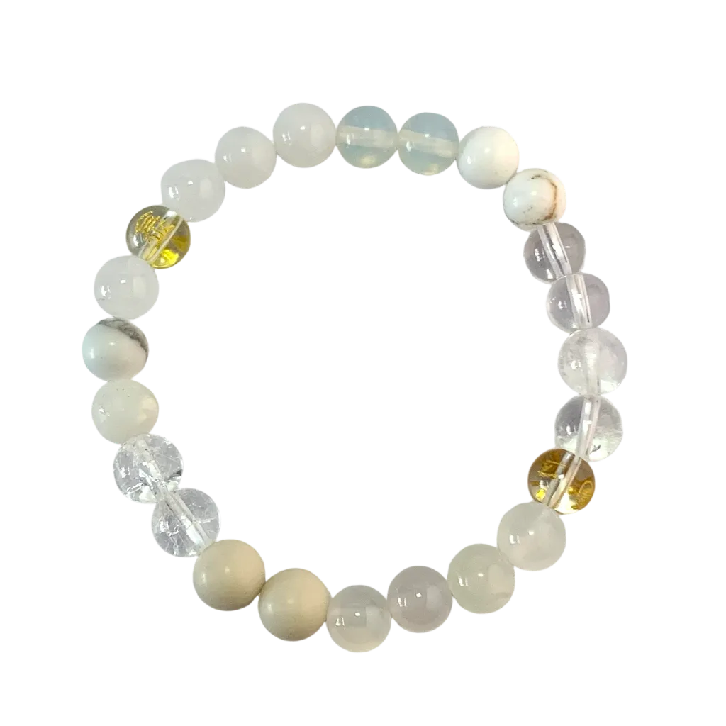Metal Element Bracelet in 8mm natural white and clear crystals on elastic cord
