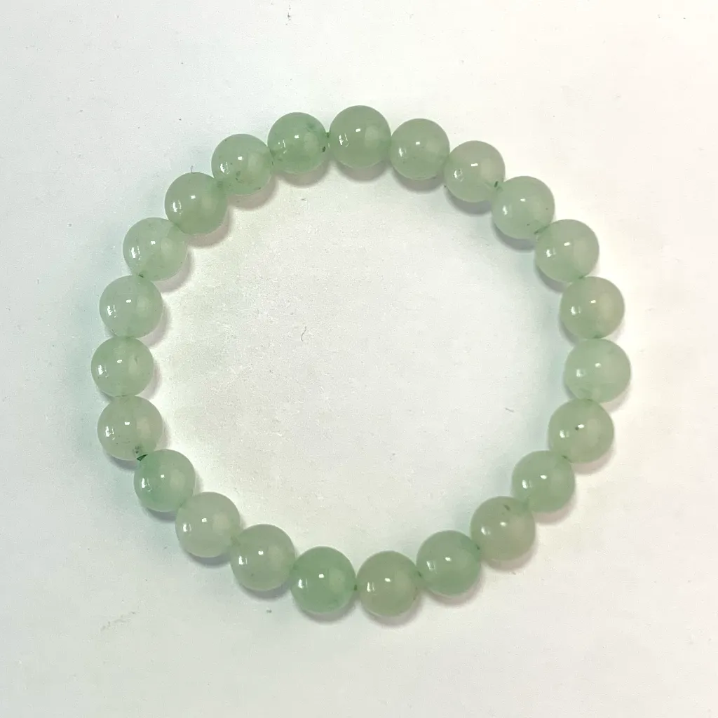 Green Aventurine bracelet — front view, green aventurine beads on white background