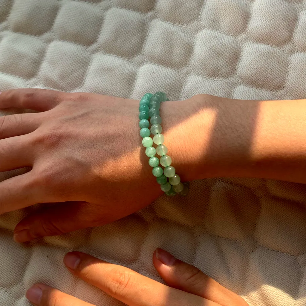 Green Aventurine Bracelet layered with Burmese Jade Bracelet  on the wrist — a stacked everyday styling