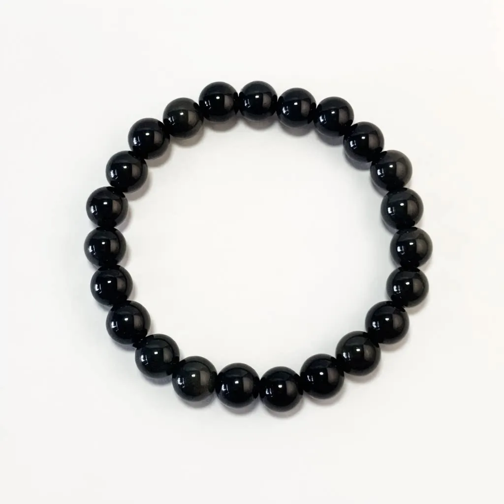 Silver Obsidian Bracelet in 8mm natural black obsidian beads with silver sheen