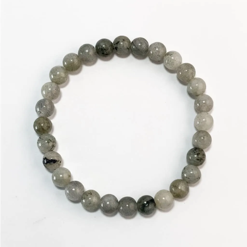 White Flash Stone Bracelet in 6mm natural gray-green beads with dark mineral flecks