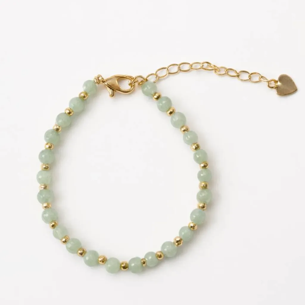 Green Aventurine bracelet — front view, green aventurine beads on white background with lobster clasp and gold accent beads